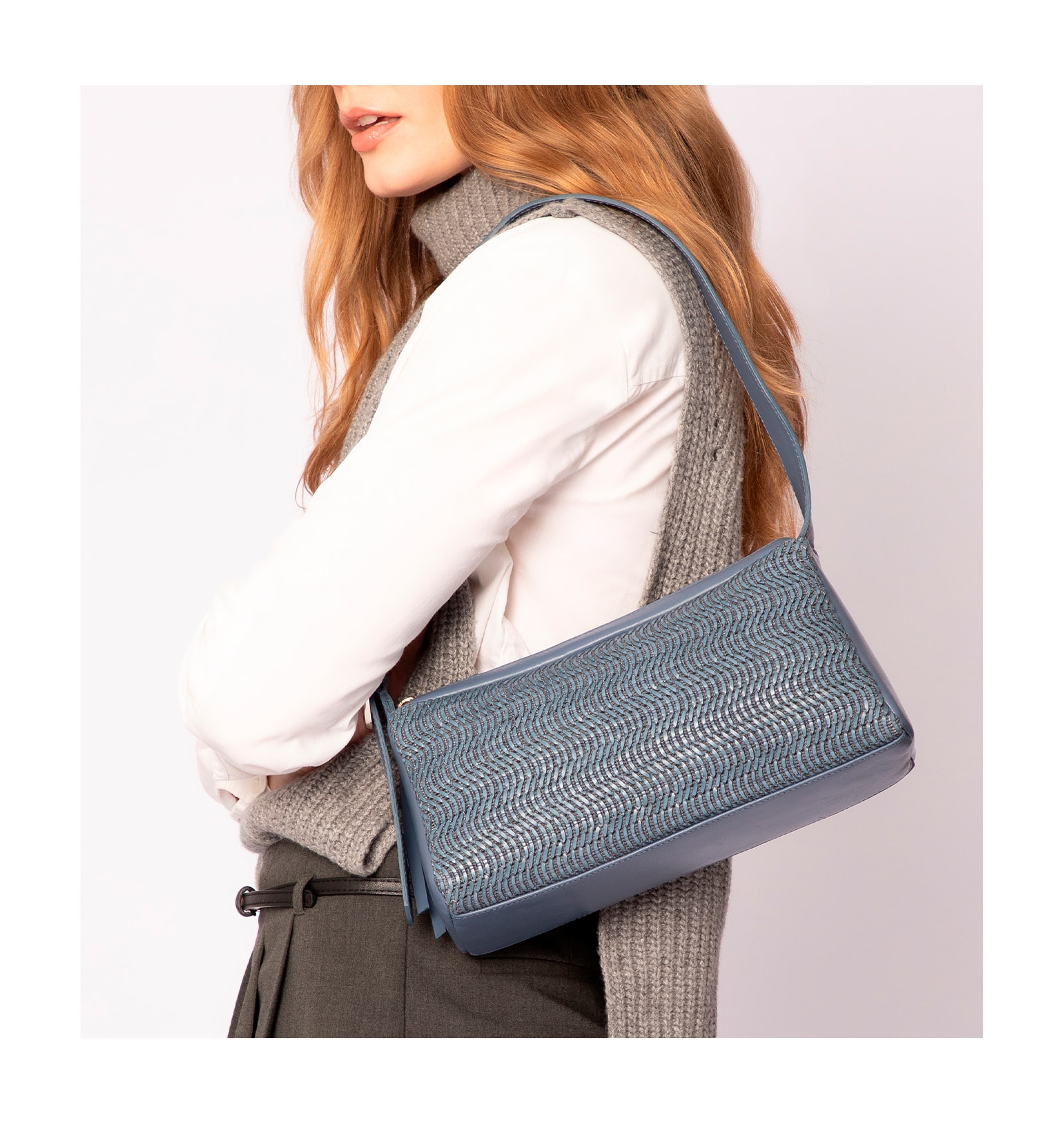 Bolsa De Ombro Couro Azul/Alt Tramado Azul Claro