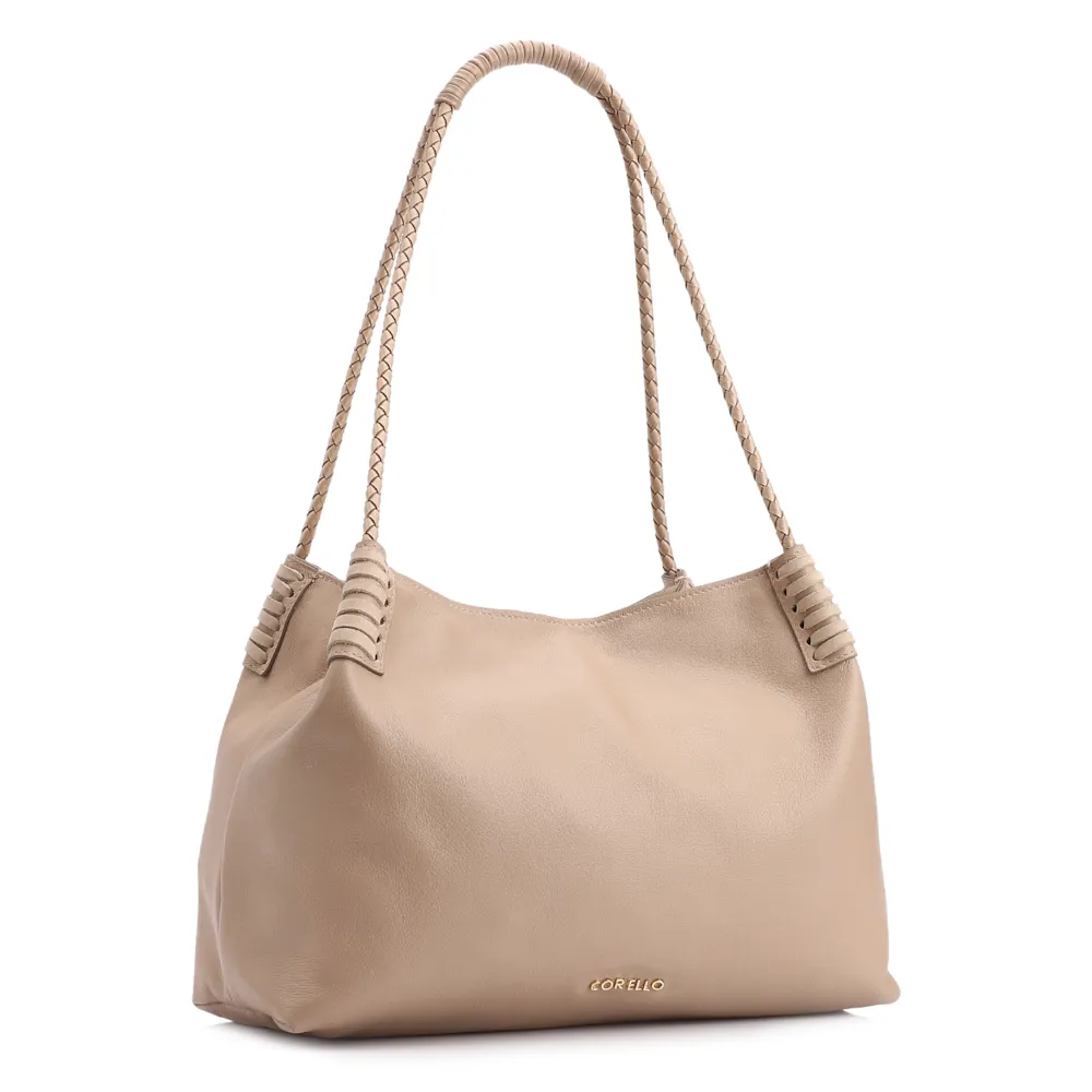 Bolsa De Ombro Couro Bege/Couro Nobuck Bege - imagem 3