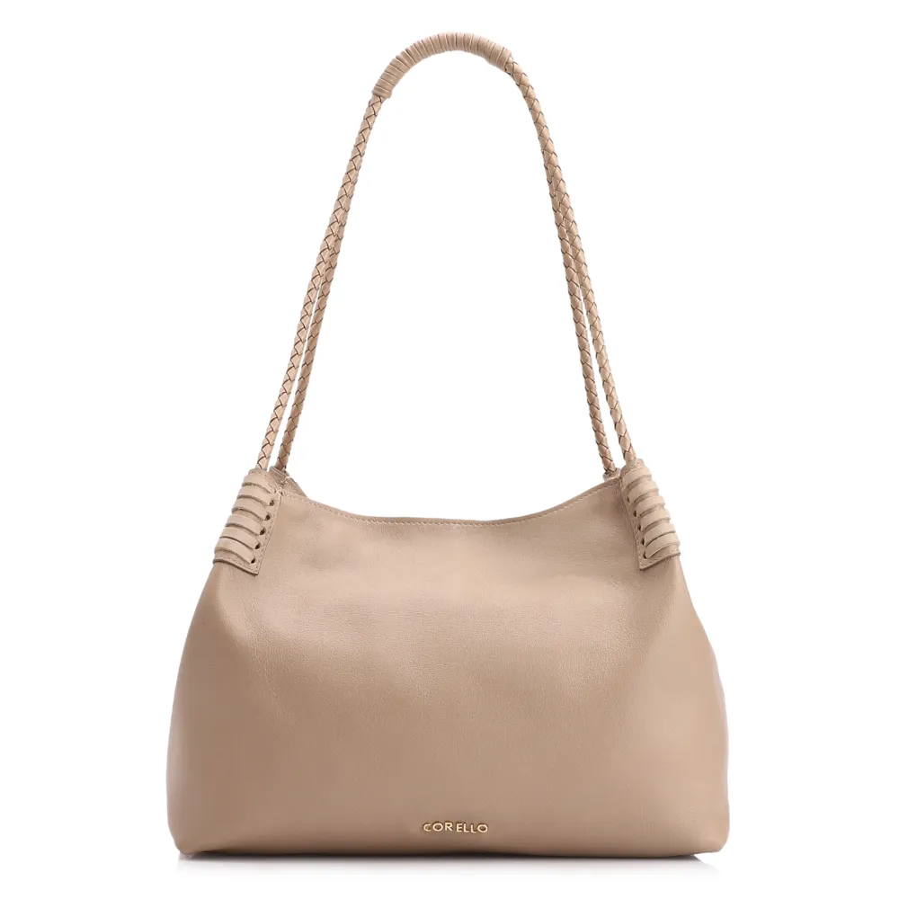 Bolsa De Ombro Couro Bege/Couro Nobuck Bege