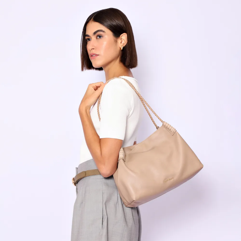 Bolsa De Ombro Couro Bege/Couro Nobuck Bege - imagem 2
