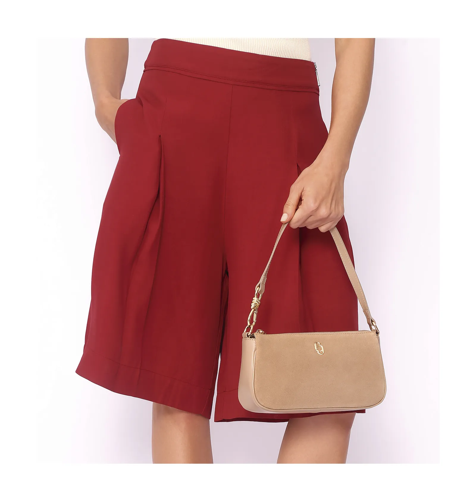 Bolsa De Ombro Couro Camurça/Couro Bege
