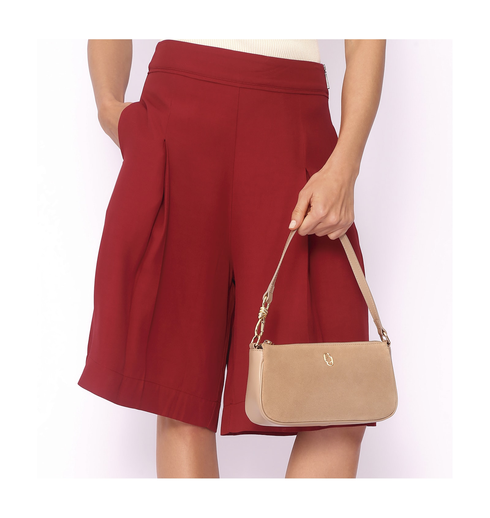 Bolsa De Ombro Couro Camurça/Couro Bege