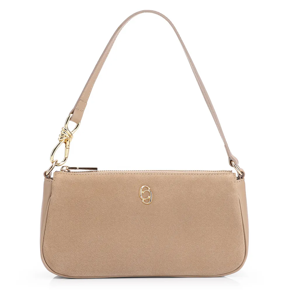 Bolsa De Ombro Couro Camurça/Couro Bege