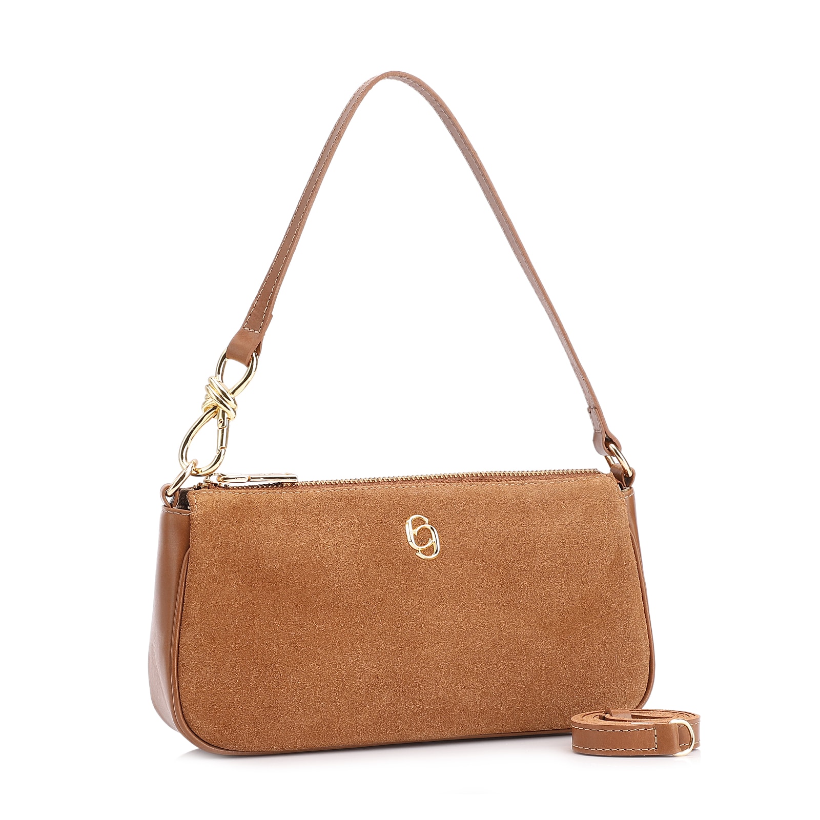 Bolsa De Ombro Couro Camurça/Couro Marrom Claro