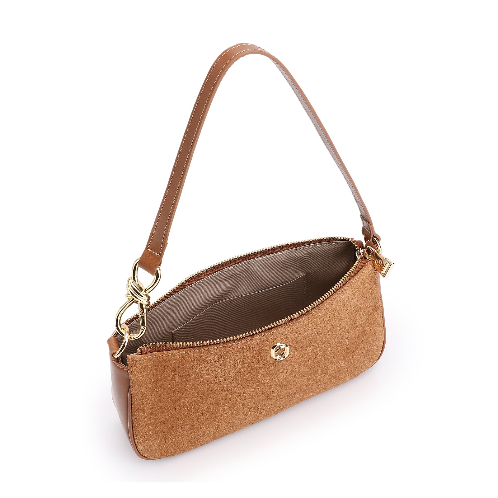 Bolsa De Ombro Couro Camurça/Couro Marrom Claro
