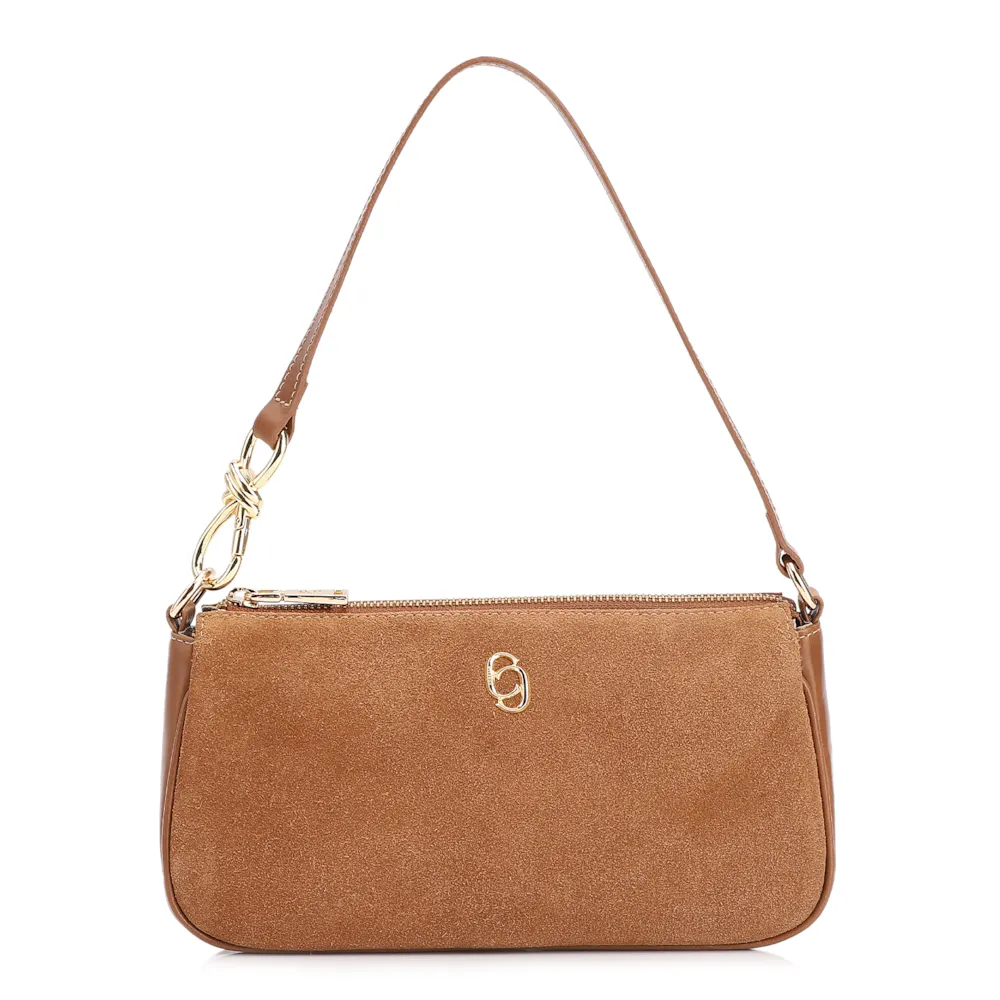 Bolsa De Ombro Couro Camurça/Couro Marrom Claro