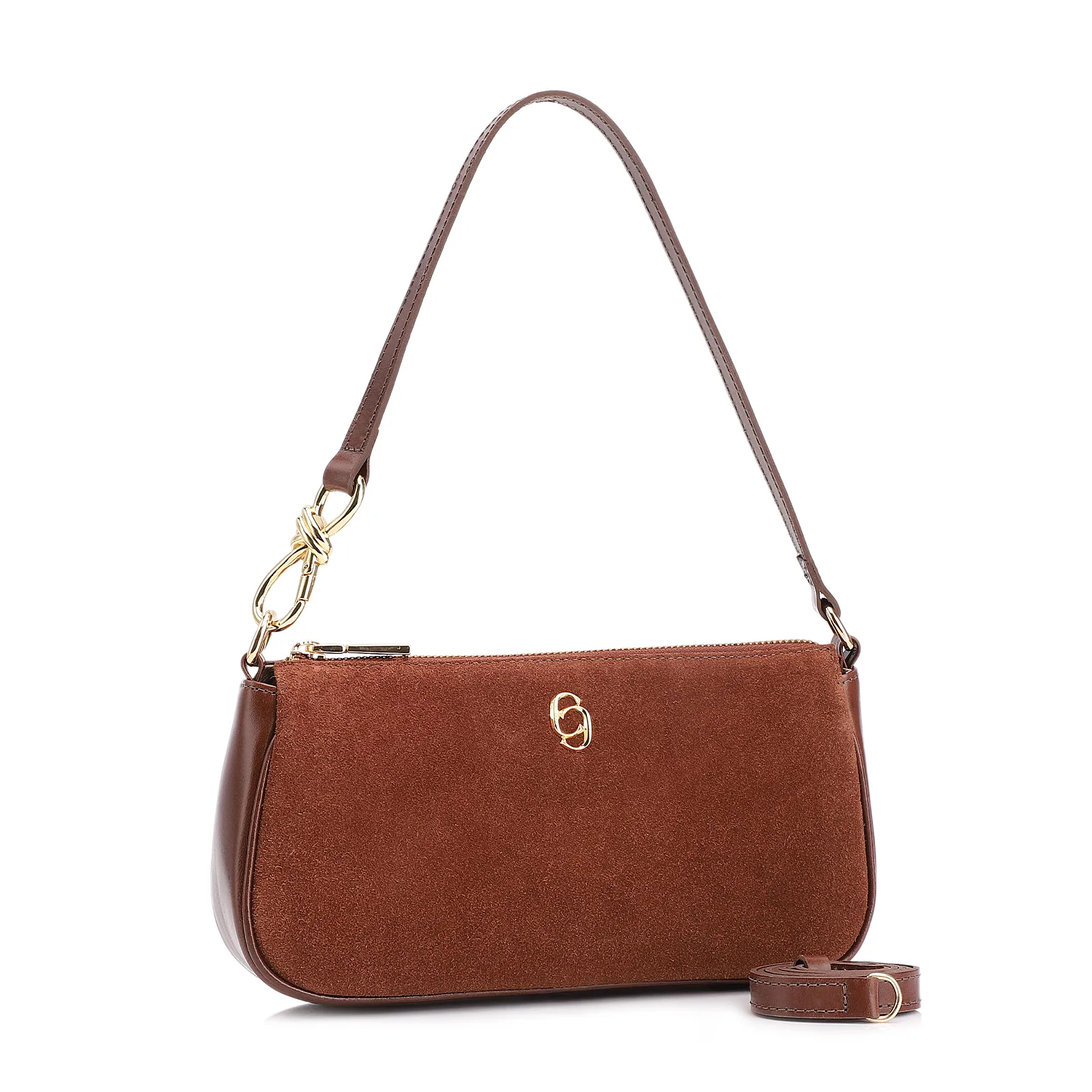 Bolsa De Ombro Couro Camurça/Couro Marrom Escuro