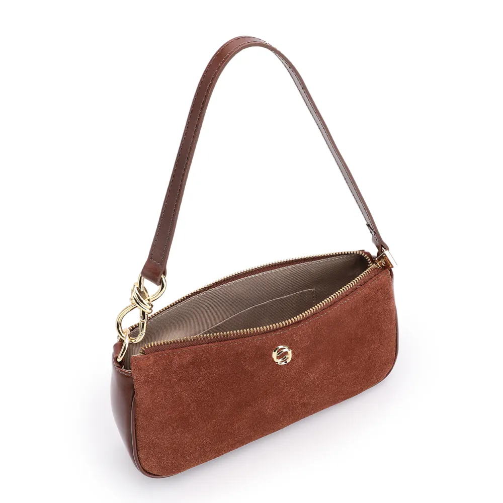 Bolsa De Ombro Couro Camurça/Couro Marrom Escuro - imagem 5