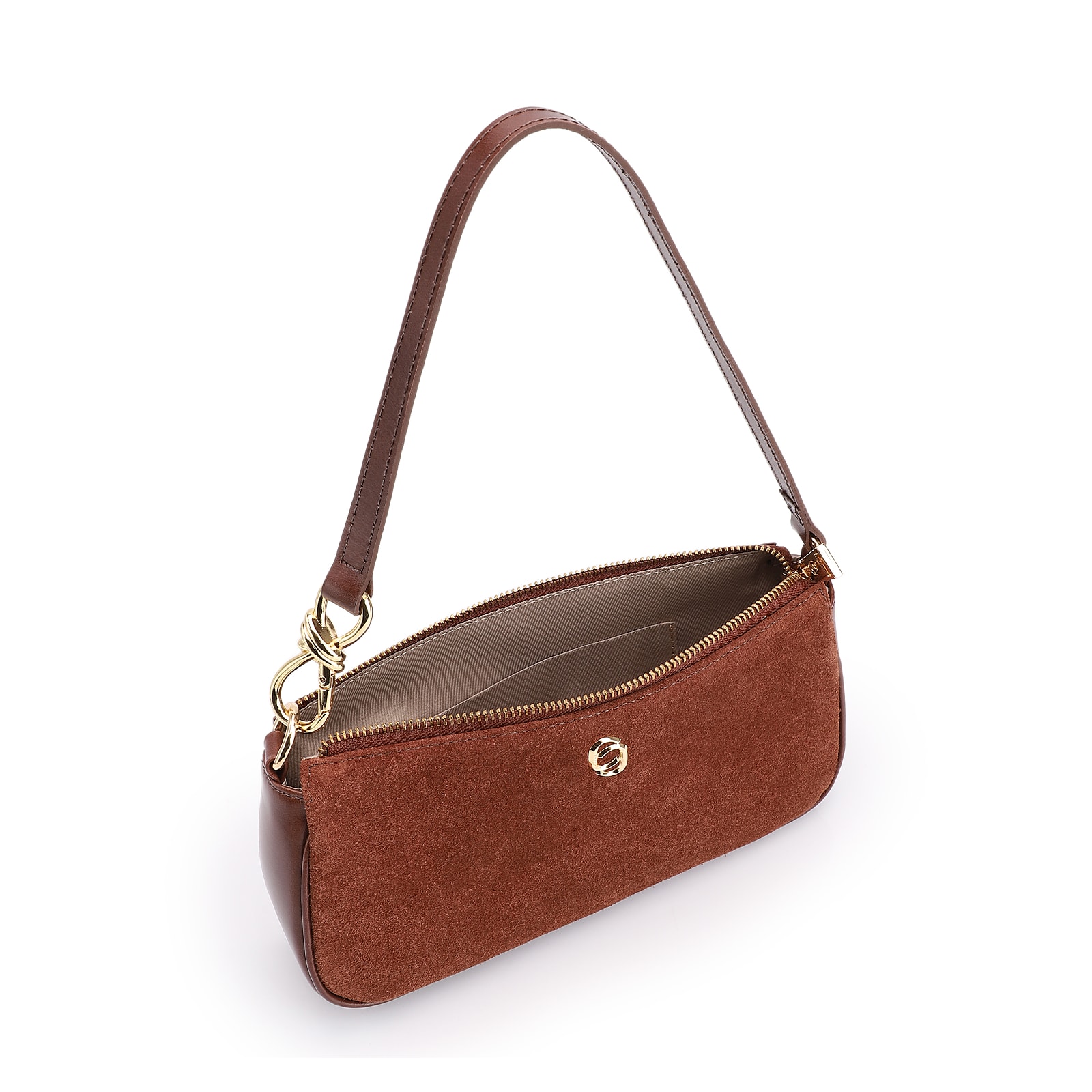 Bolsa De Ombro Couro Camurça/Couro Marrom Escuro