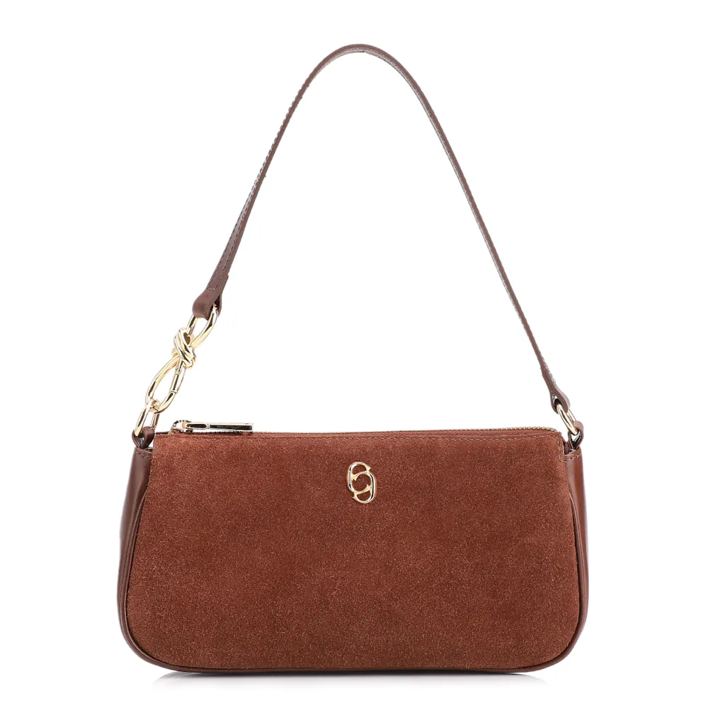 Bolsa De Ombro Couro Camurça/Couro Marrom Escuro