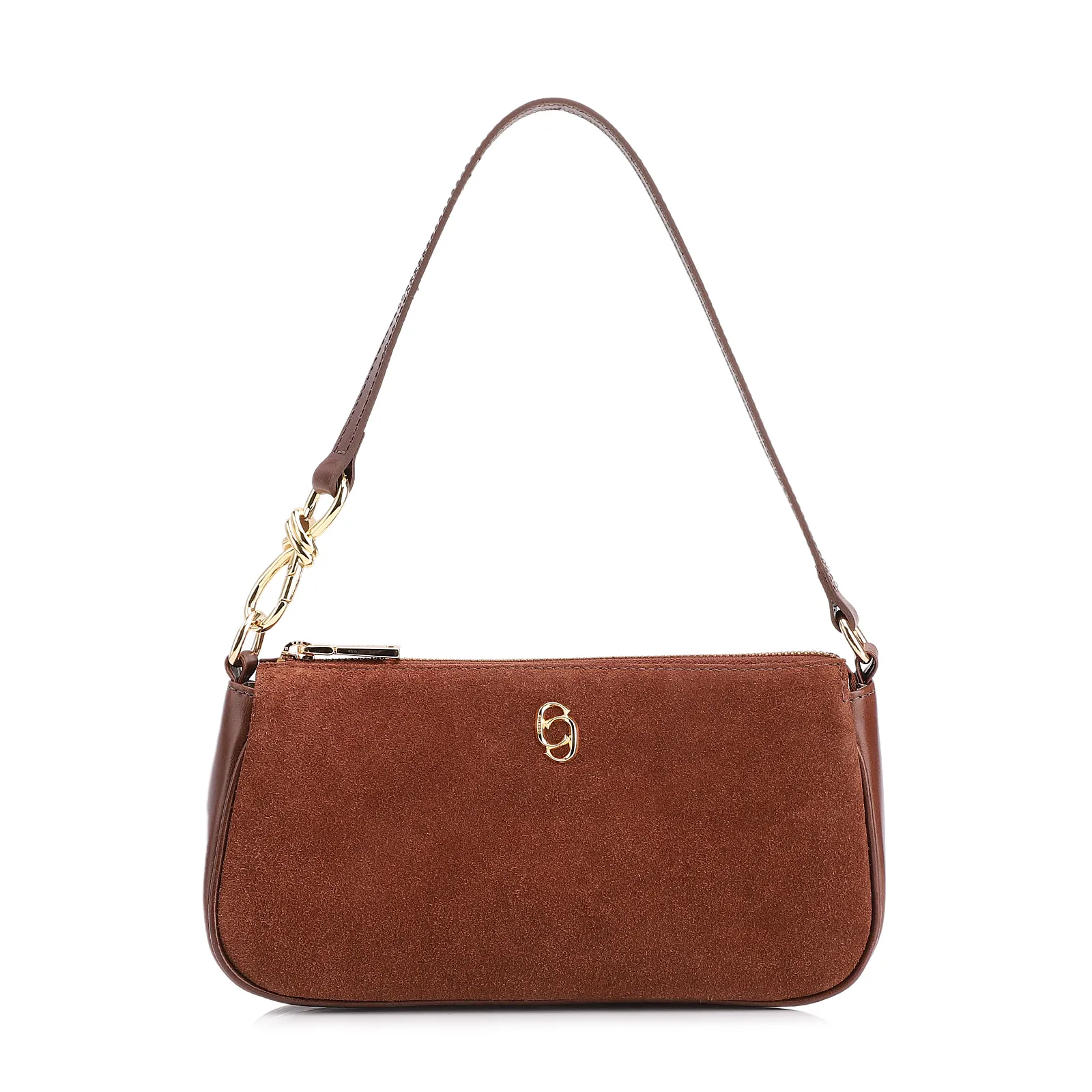 Bolsa De Ombro Couro Camurça/Couro Marrom Escuro