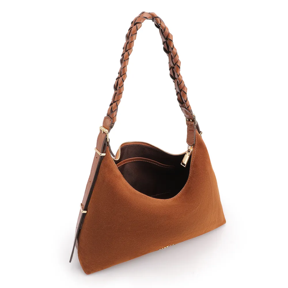 Bolsa De Ombro Couro Camurça Marrom Claro /Couro Marrom Claro - imagem 4
