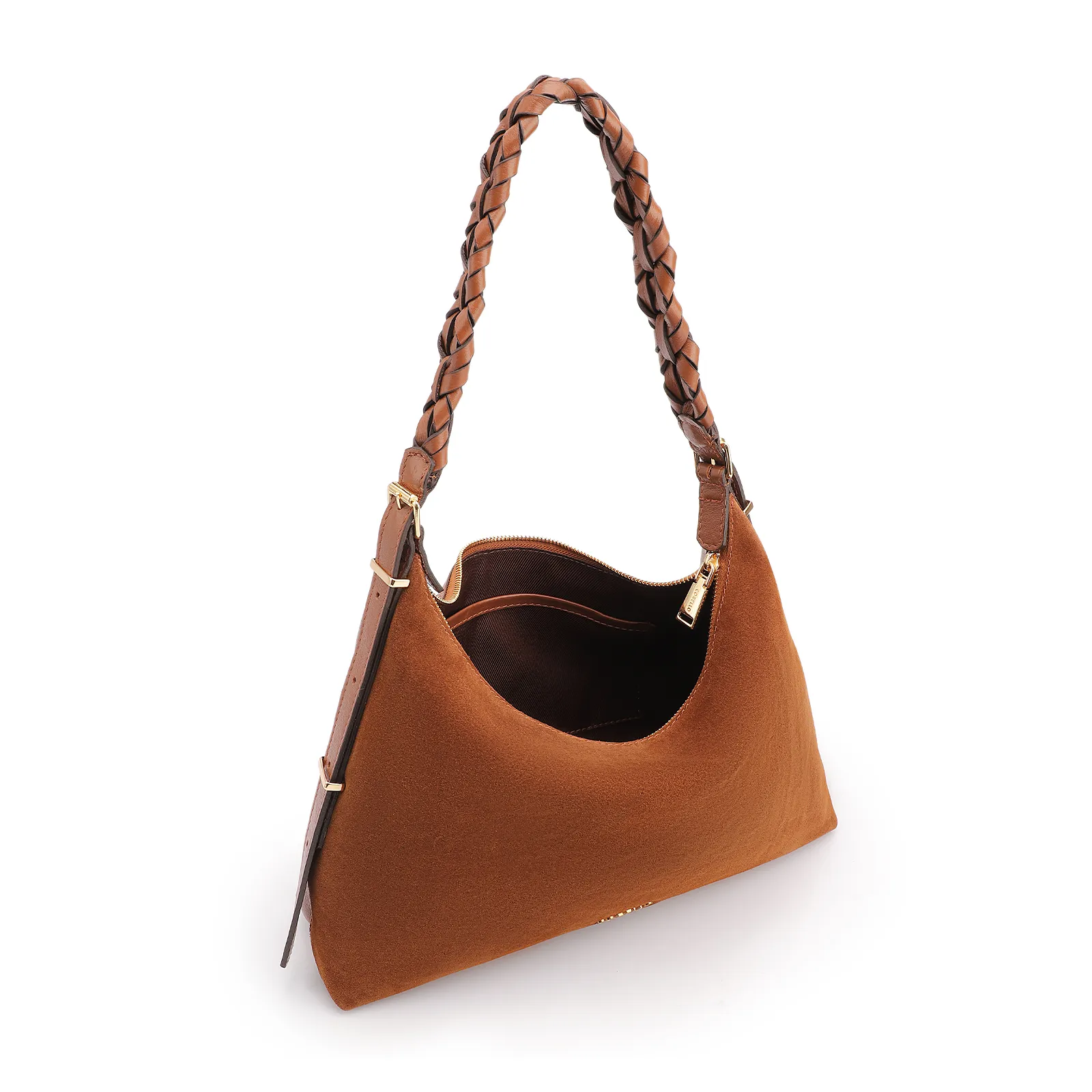 Bolsa De Ombro Couro Camurça Marrom Claro /Couro Marrom Claro