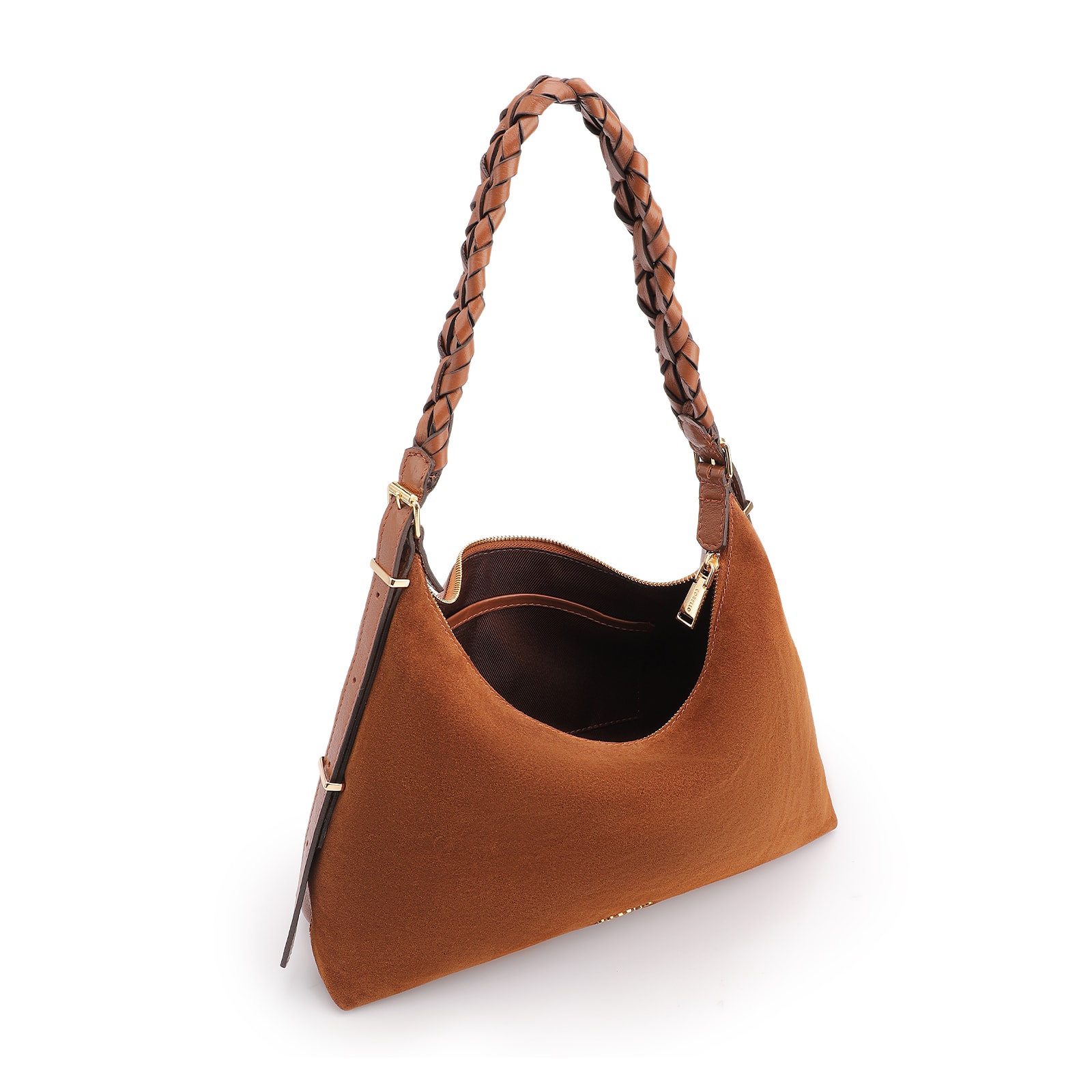 Bolsa De Ombro Couro Camurça Marrom Claro /Couro Marrom Claro