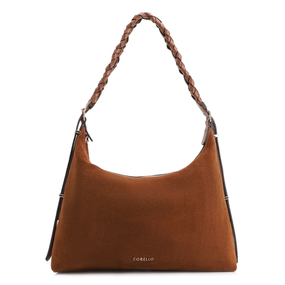 Bolsa De Ombro Couro Camurça Marrom Claro /Couro Marrom Claro