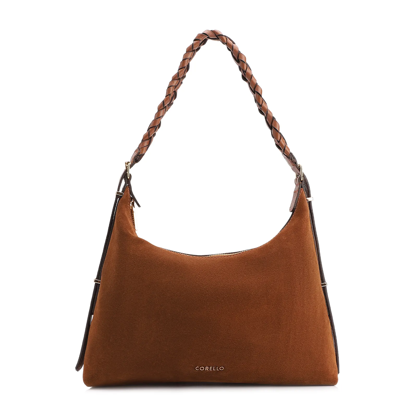 Bolsa De Ombro Couro Camurça Marrom Claro /Couro Marrom Claro