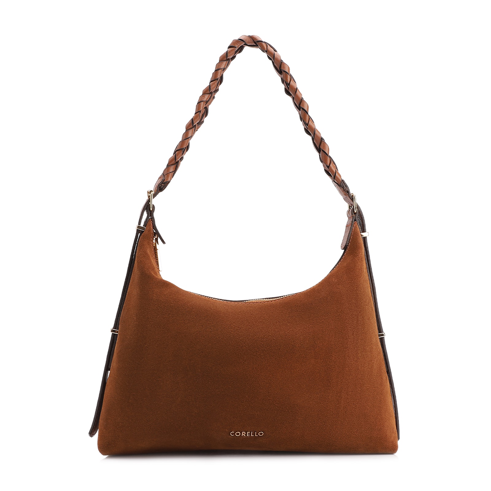 Bolsa De Ombro Couro Camurça Marrom Claro /Couro Marrom Claro