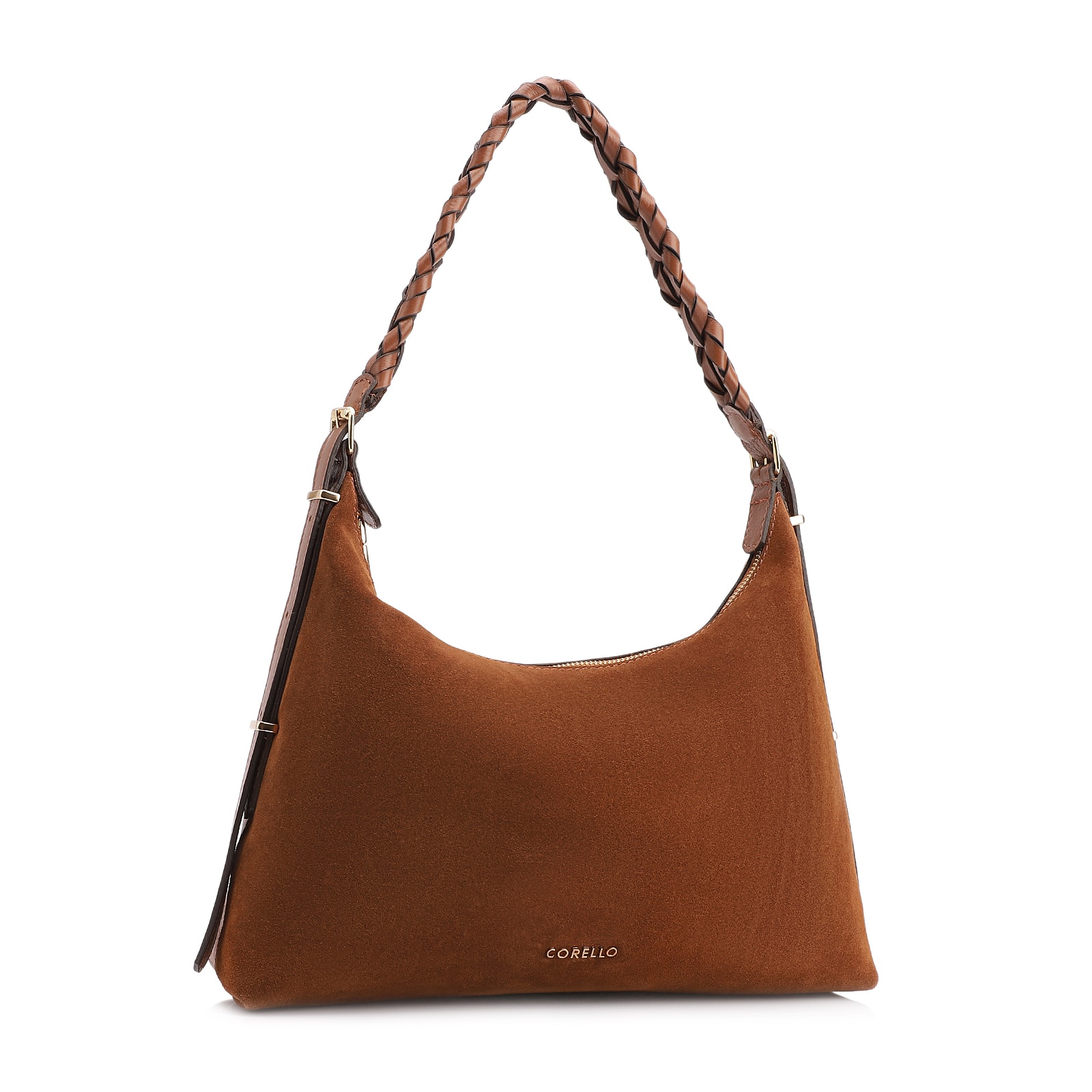 Bolsa De Ombro Couro Camurça Marrom Claro /Couro Marrom Claro