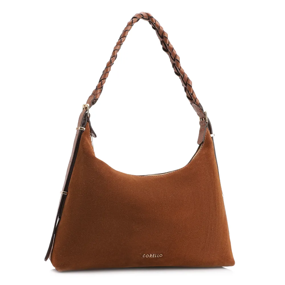 Bolsa De Ombro Couro Camurça Marrom Escuro /Couro Marrom Escuro - imagem 2