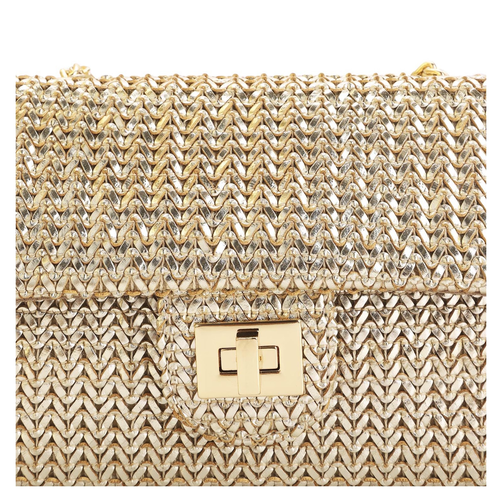 Bolsa De Ombro Couro Crochet Dourado