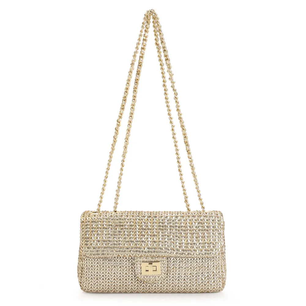 Bolsa De Ombro Couro Crochet Dourado
