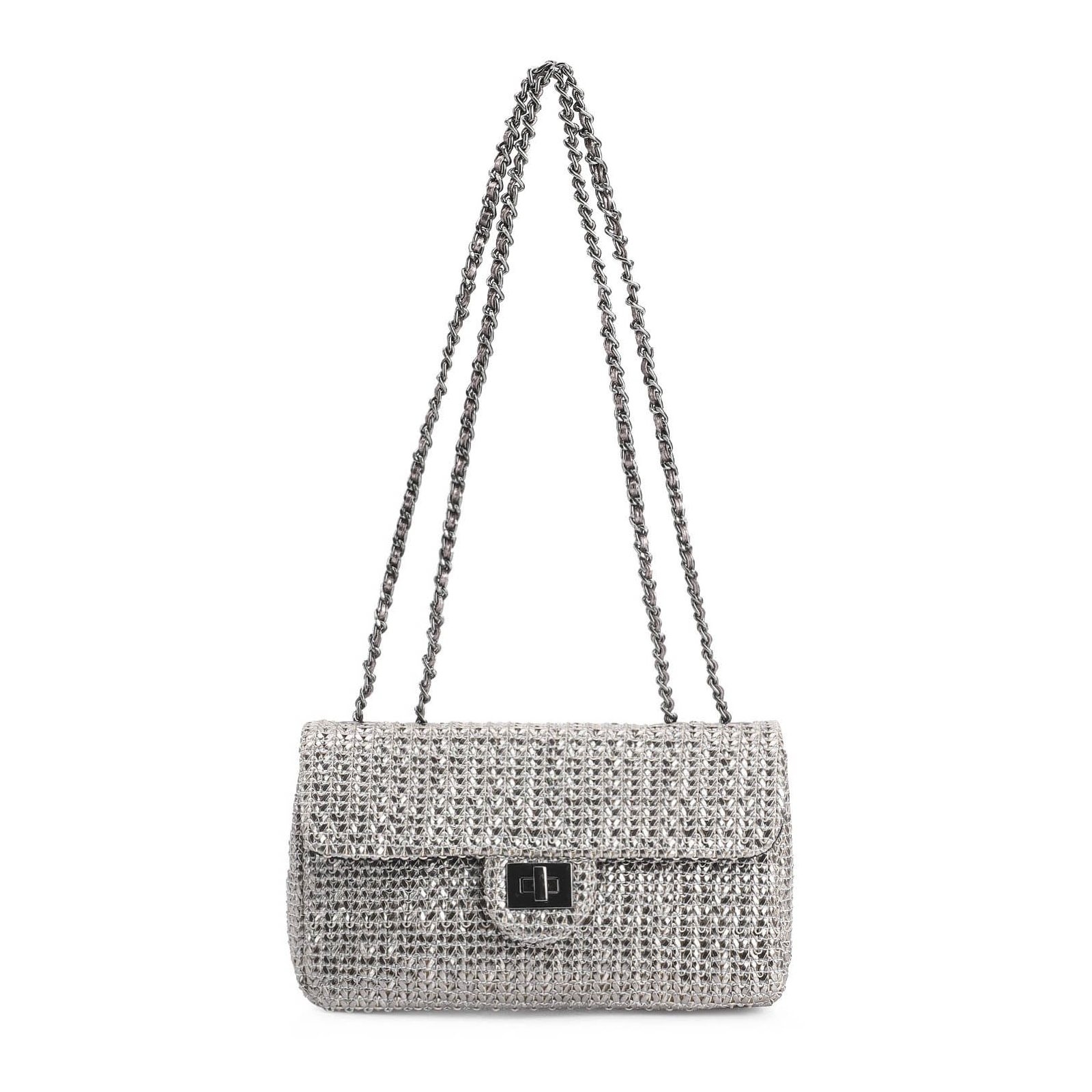 Bolsa De Ombro Couro Crochet Prata