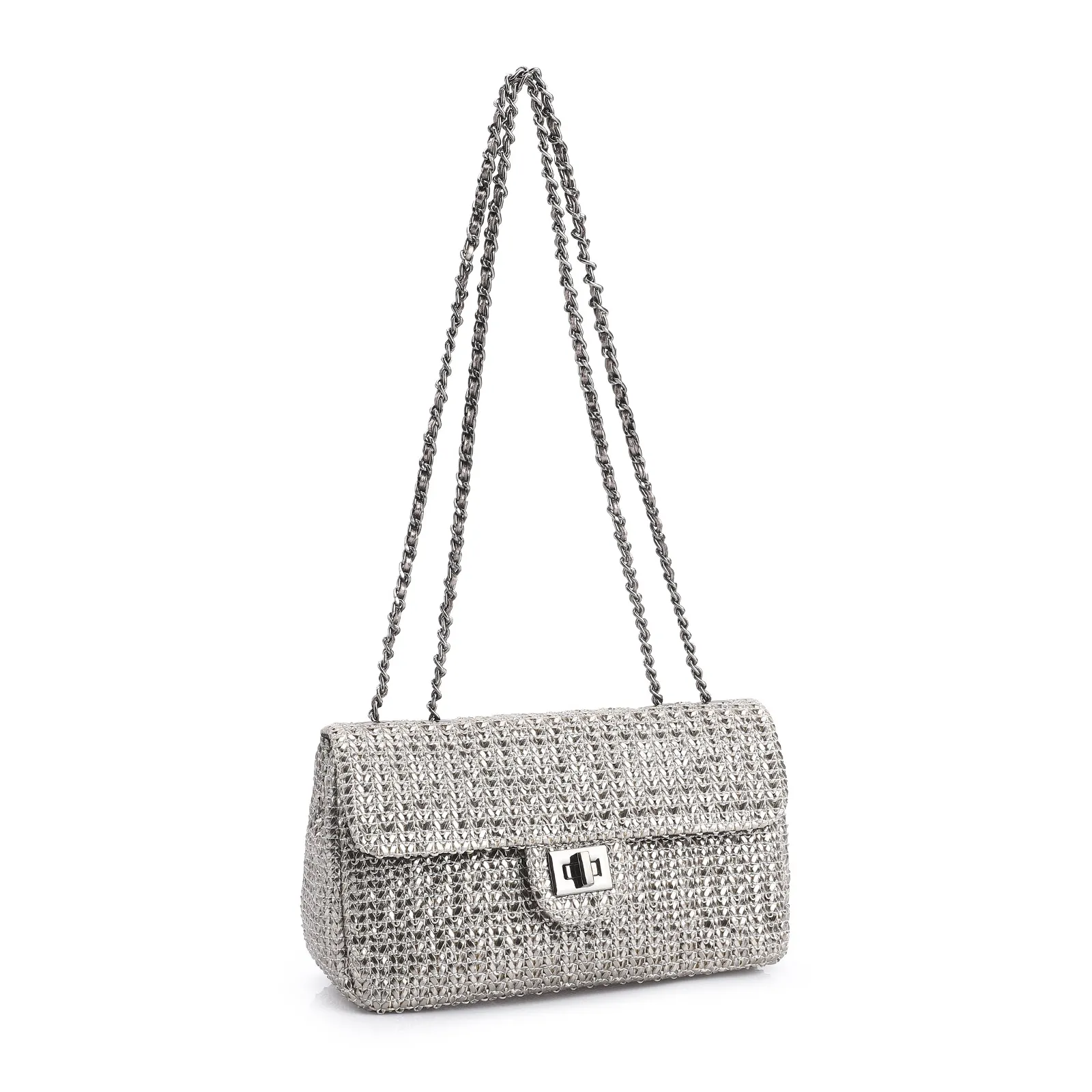 Bolsa De Ombro Couro Crochet Prata