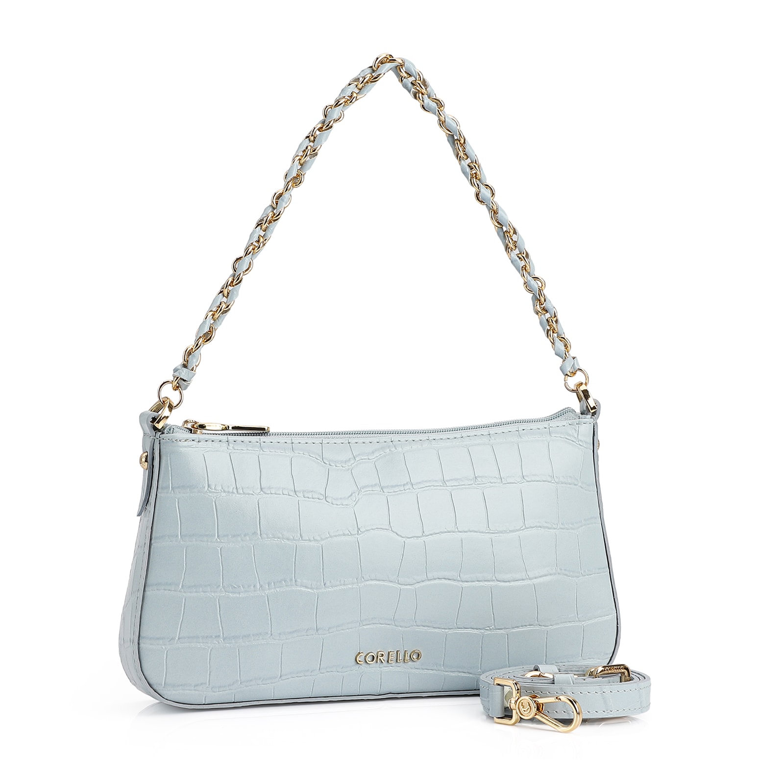 Bolsa De Ombro Couro Croco Azul