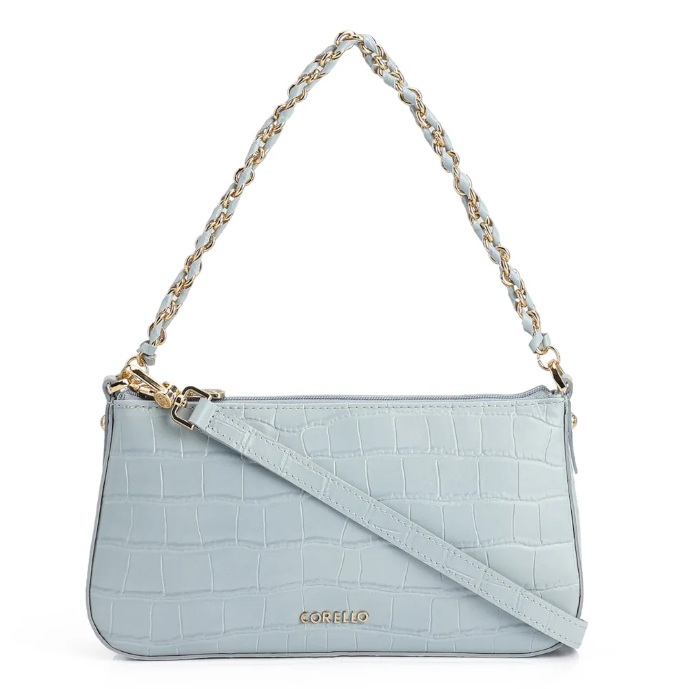 Bolsa De Ombro Couro Croco Azul