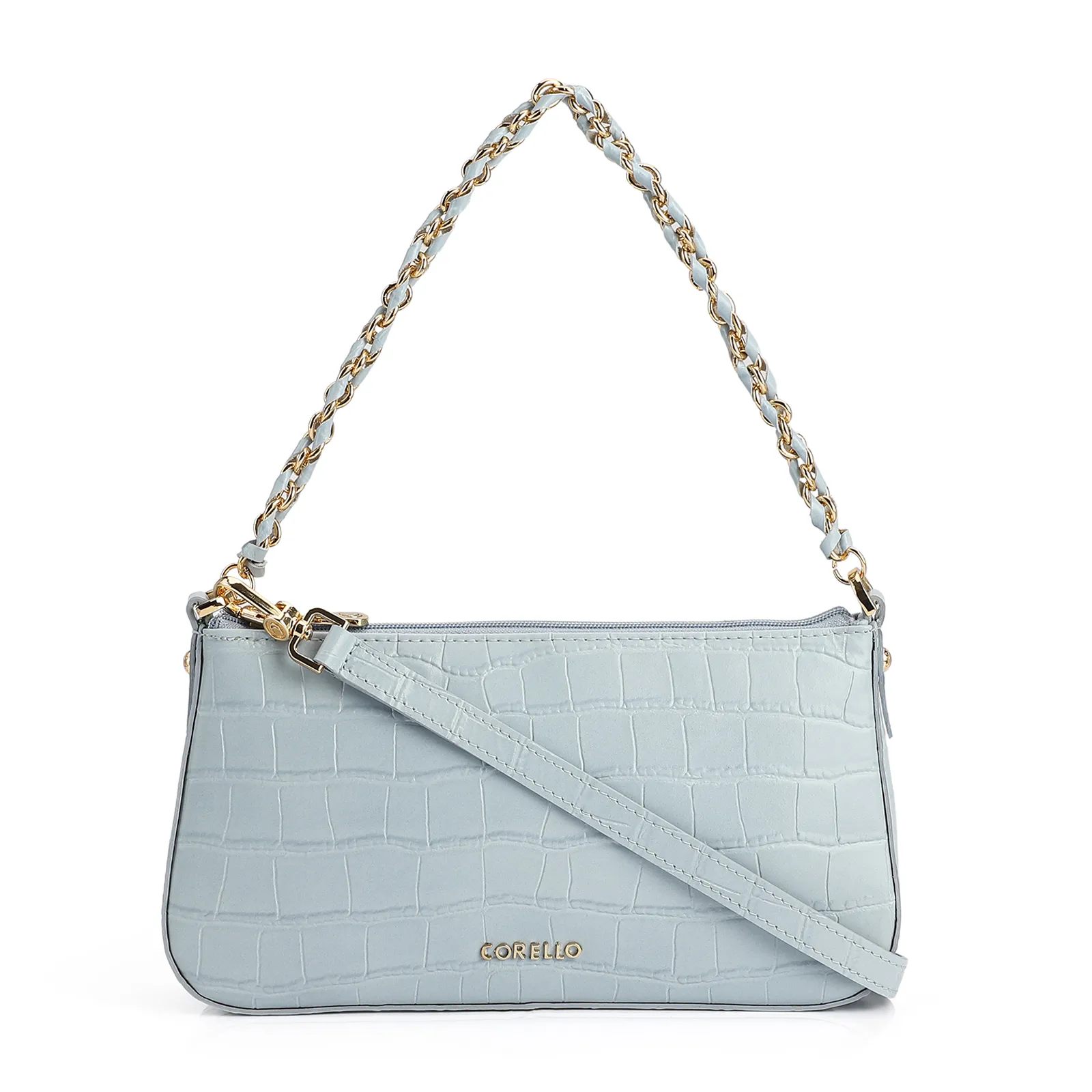 Bolsa De Ombro Couro Croco Azul