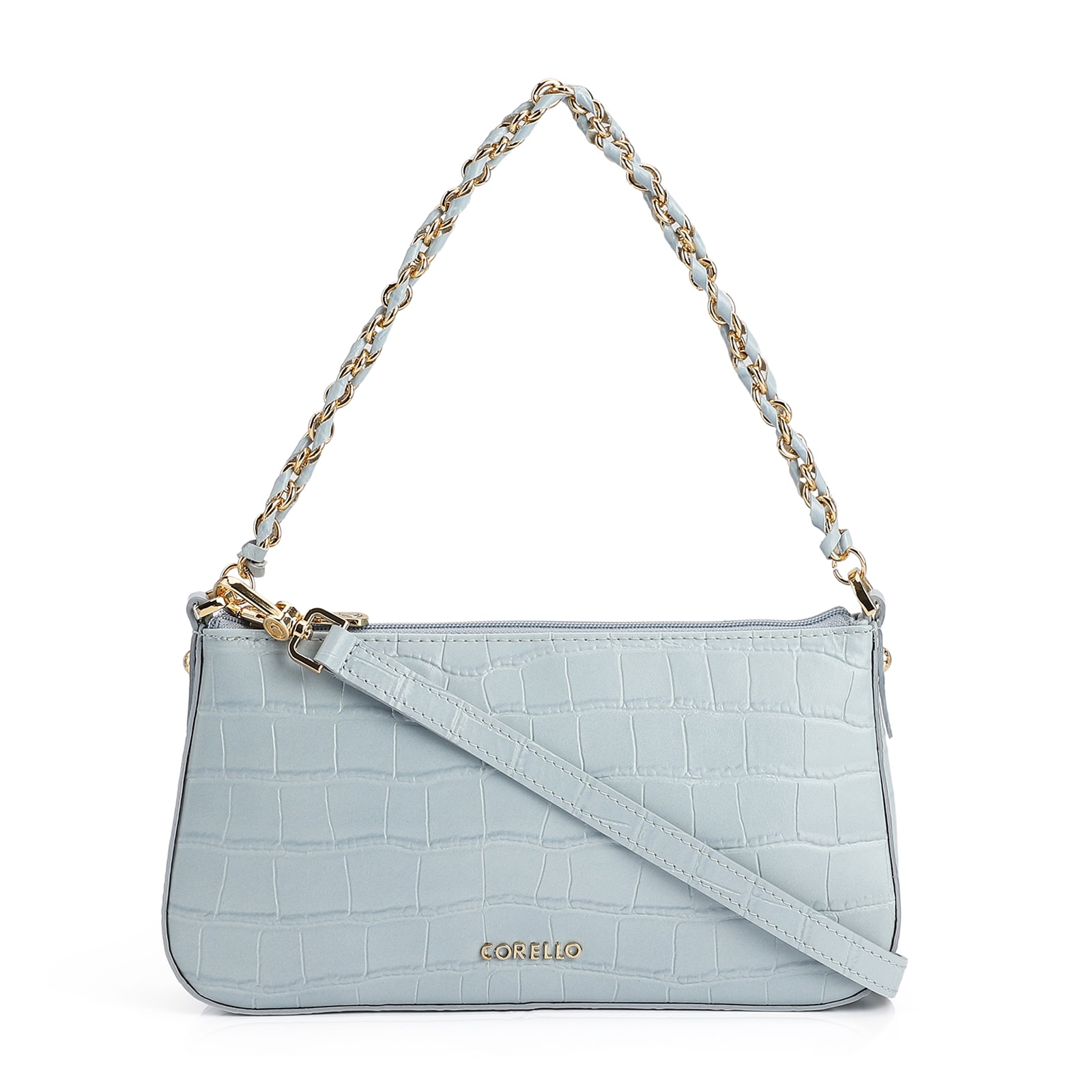 Bolsa De Ombro Couro Croco Azul