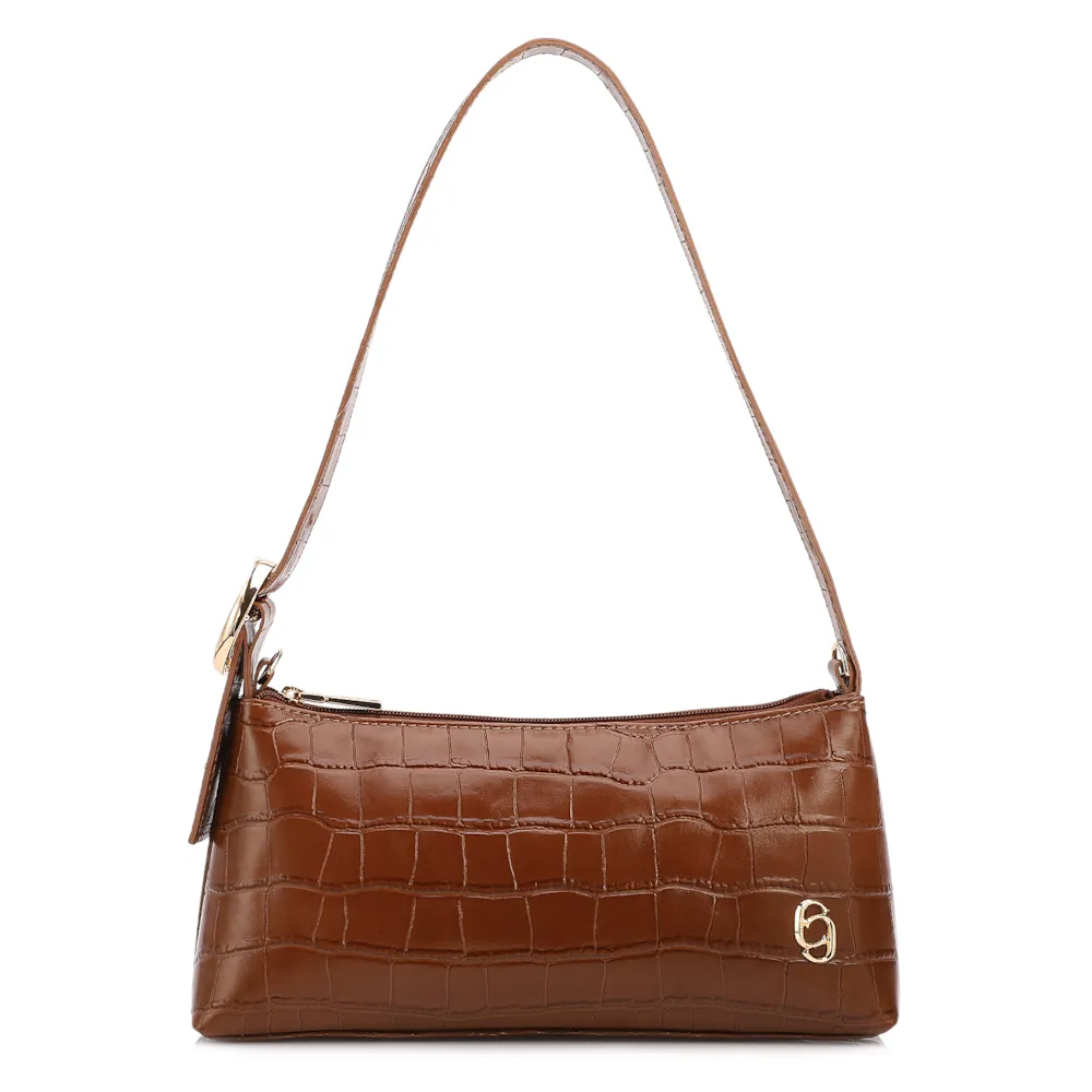 Bolsa De Ombro Couro Croco Caramelo
