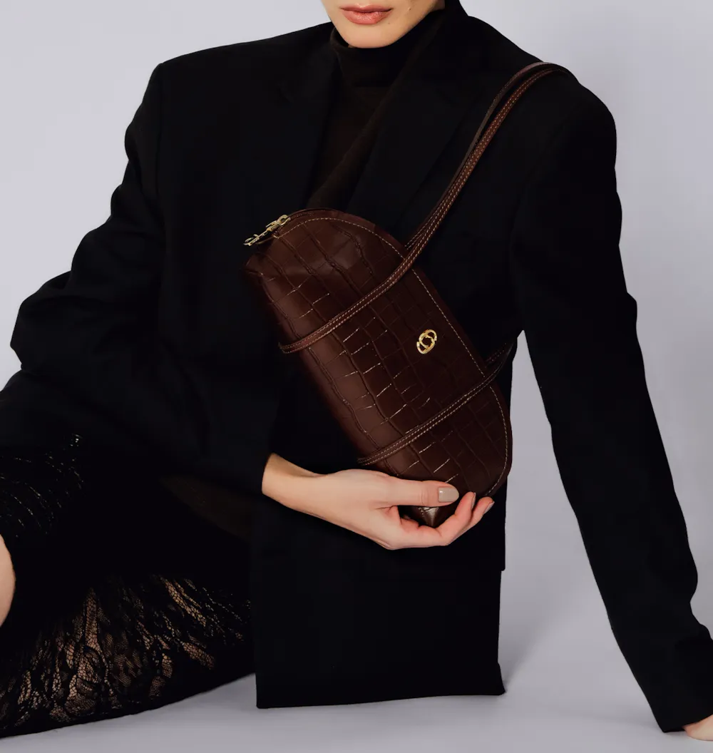 Bolsa De Ombro Couro Croco Marrom - imagem 2