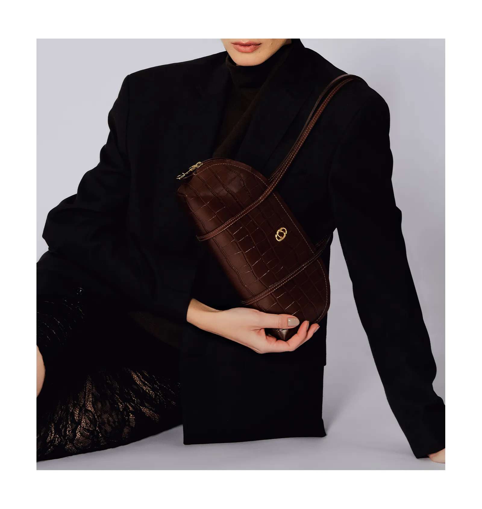 Bolsa De Ombro Couro Croco Marrom