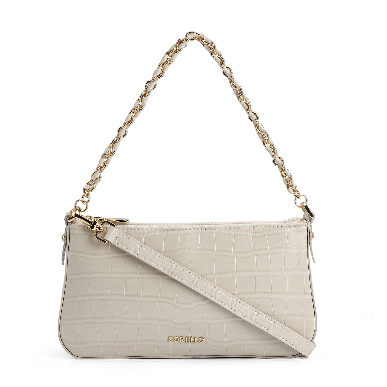 Bolsa De Ombro Couro Croco Off White