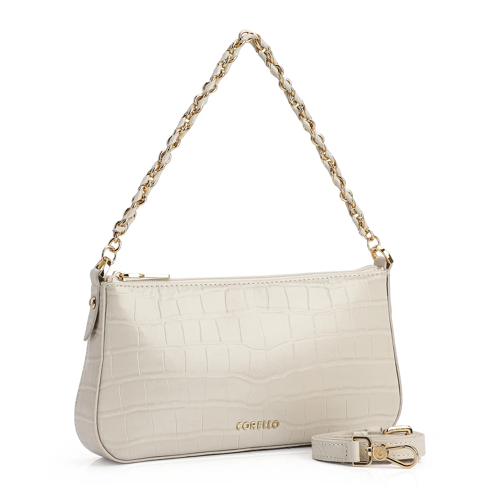 Bolsa De Ombro Couro Croco Off White