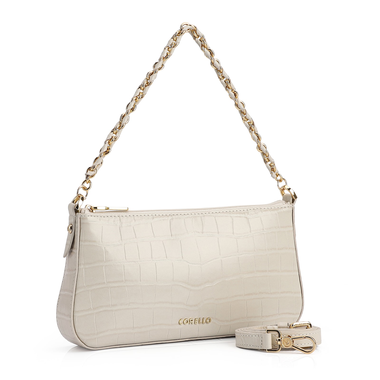 Bolsa De Ombro Couro Croco Off White