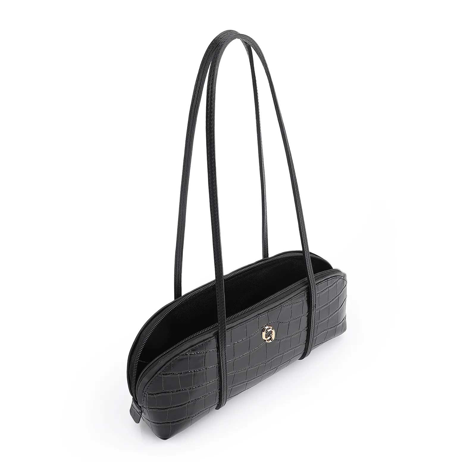 Bolsa De Ombro Couro Croco Preto