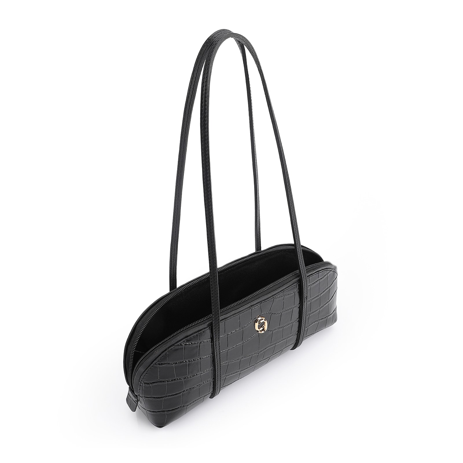 Bolsa De Ombro Couro Croco Preto