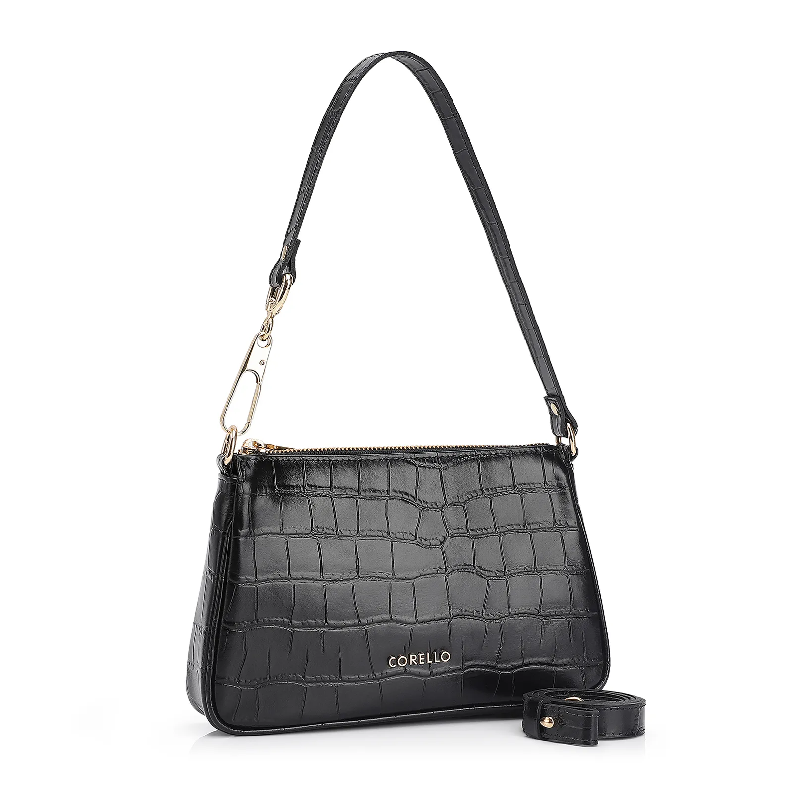 Bolsa De Ombro Couro Croco Preto