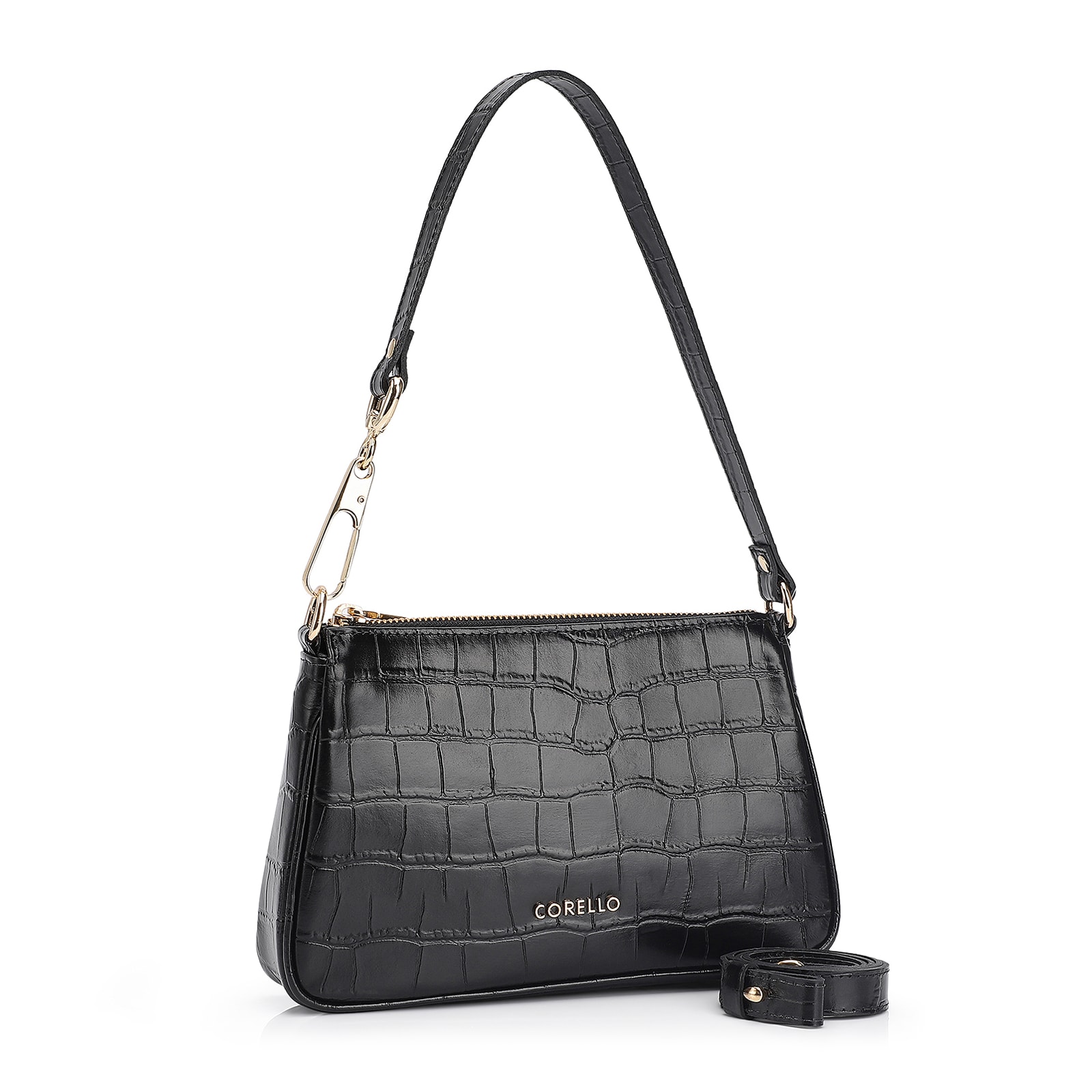 Bolsa De Ombro Couro Croco Preto