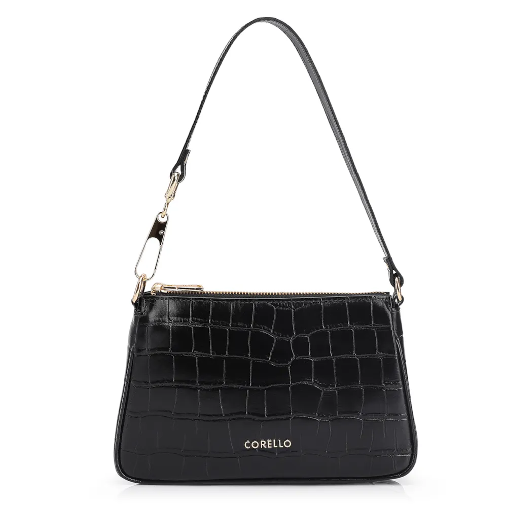 Bolsa De Ombro Couro Croco Preto