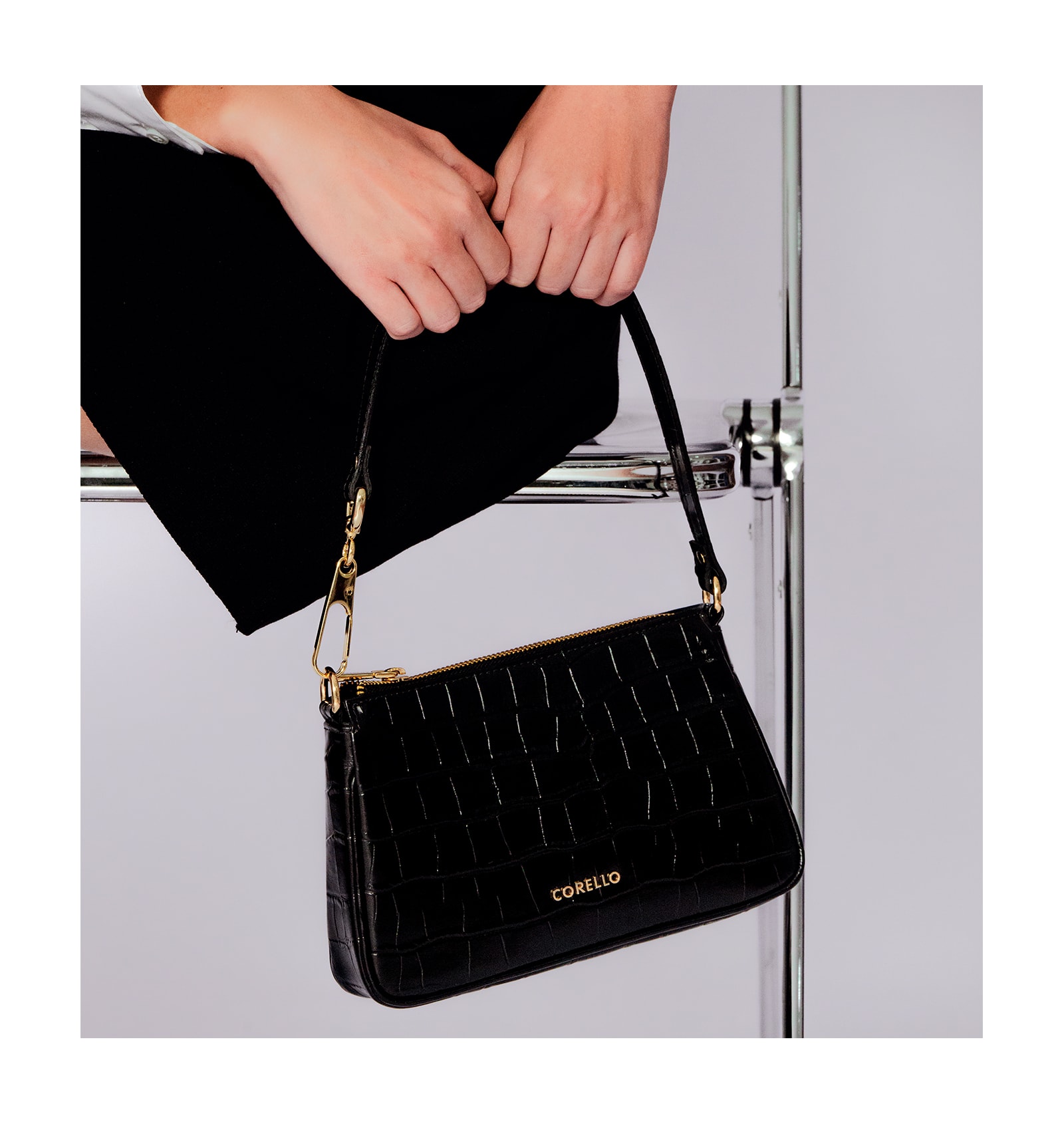 Bolsa De Ombro Couro Croco Preto