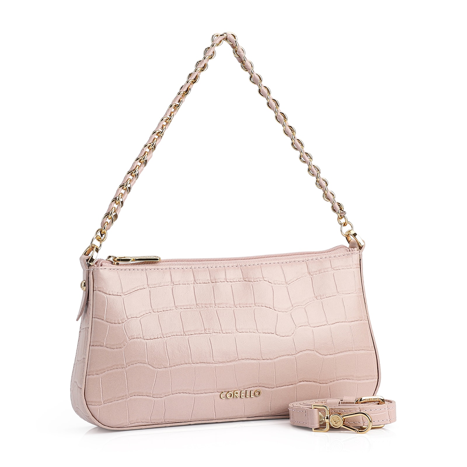 Bolsa De Ombro Couro Croco Rosa