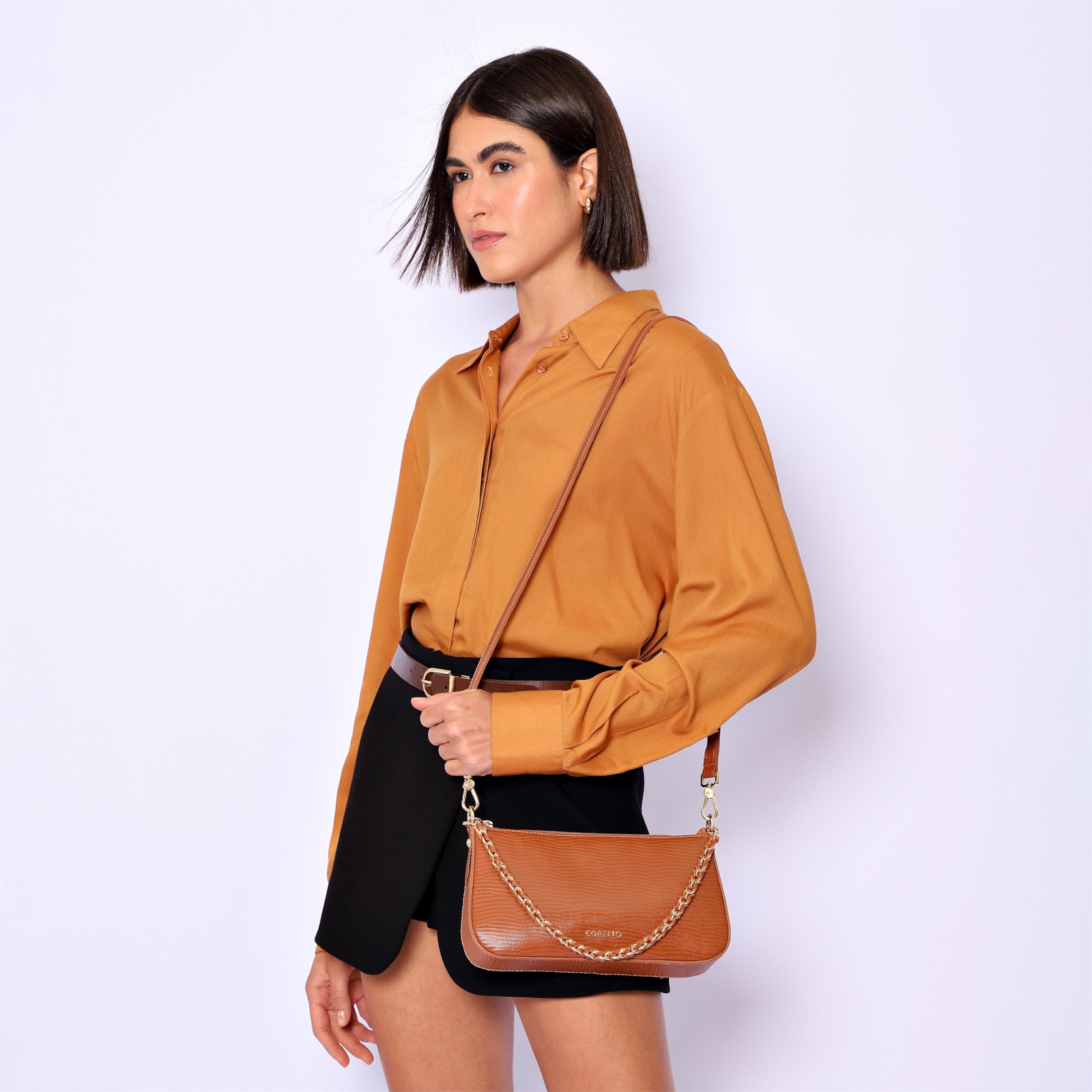 Bolsa De Ombro Couro Lezard Marrom
