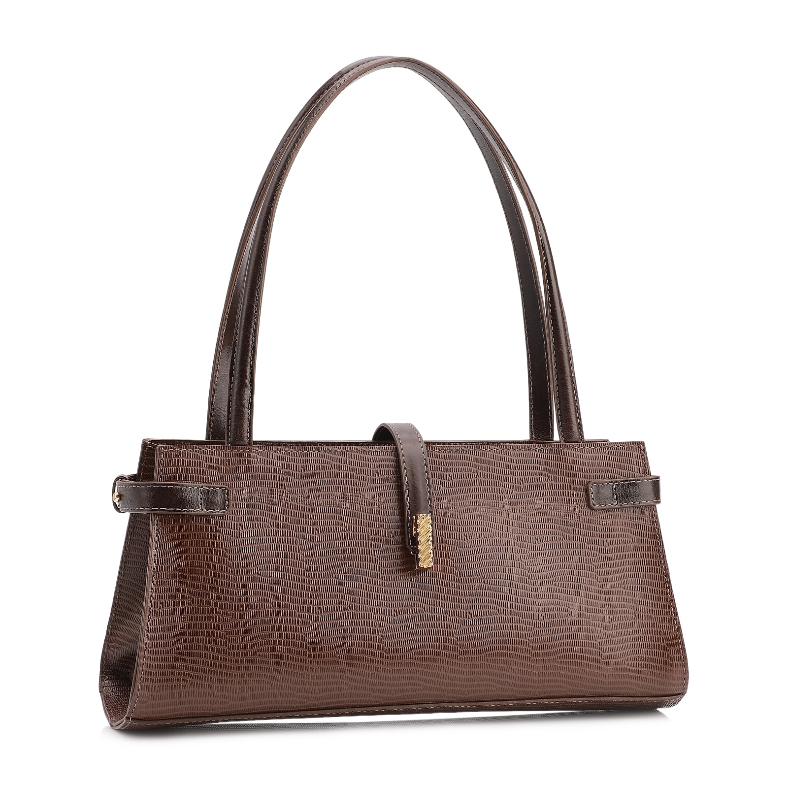 Bolsa De Ombro Couro Lezard Marrom Escuro/Couro Marrom Escuro