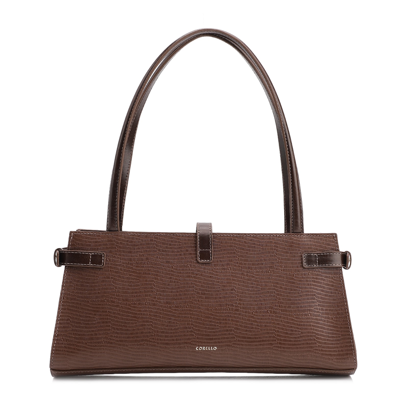 Bolsa De Ombro Couro Lezard Marrom Escuro/Couro Marrom Escuro