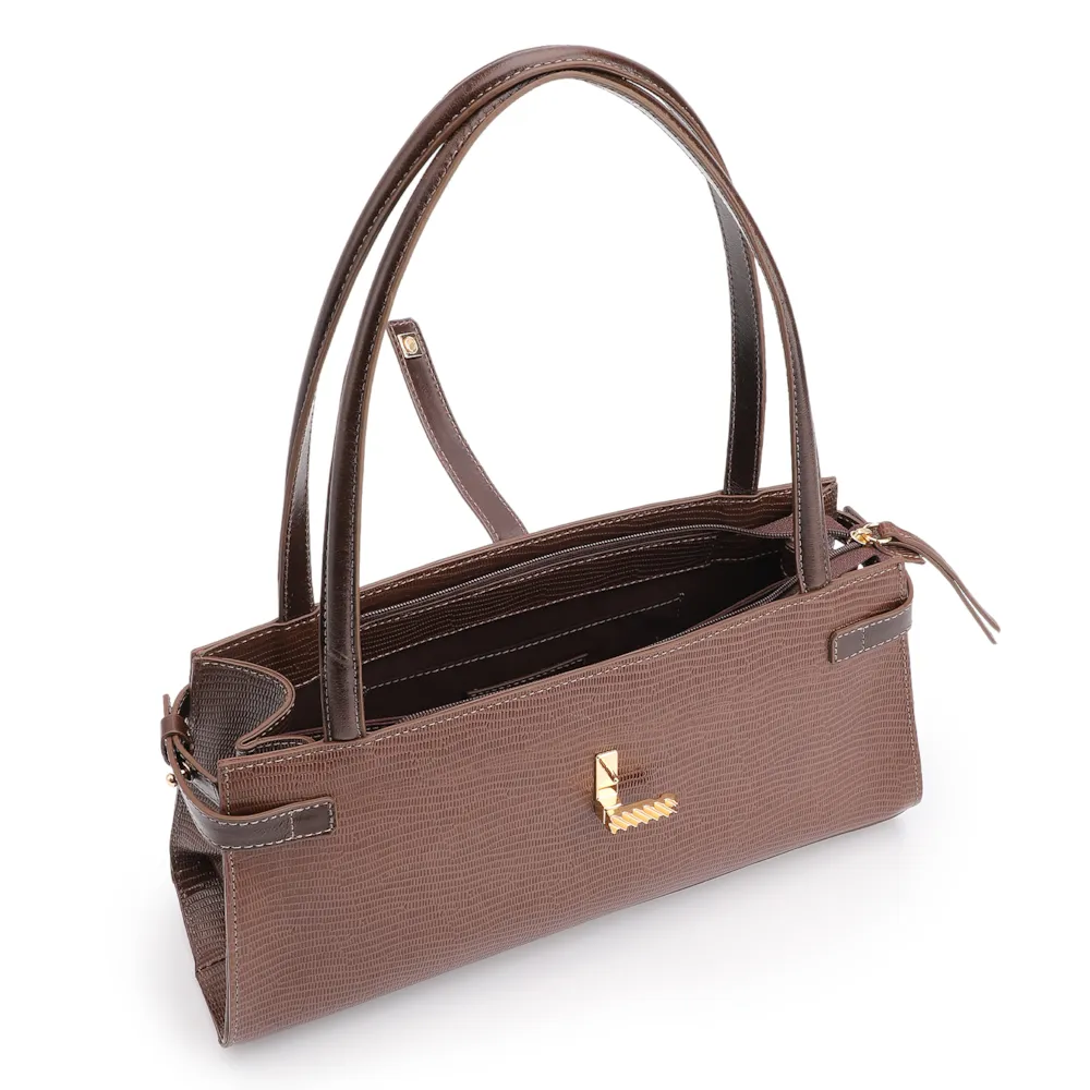 Bolsa De Ombro Couro Lezard  Marrom Escuro/Couro  Marrom Escuro - imagem 4