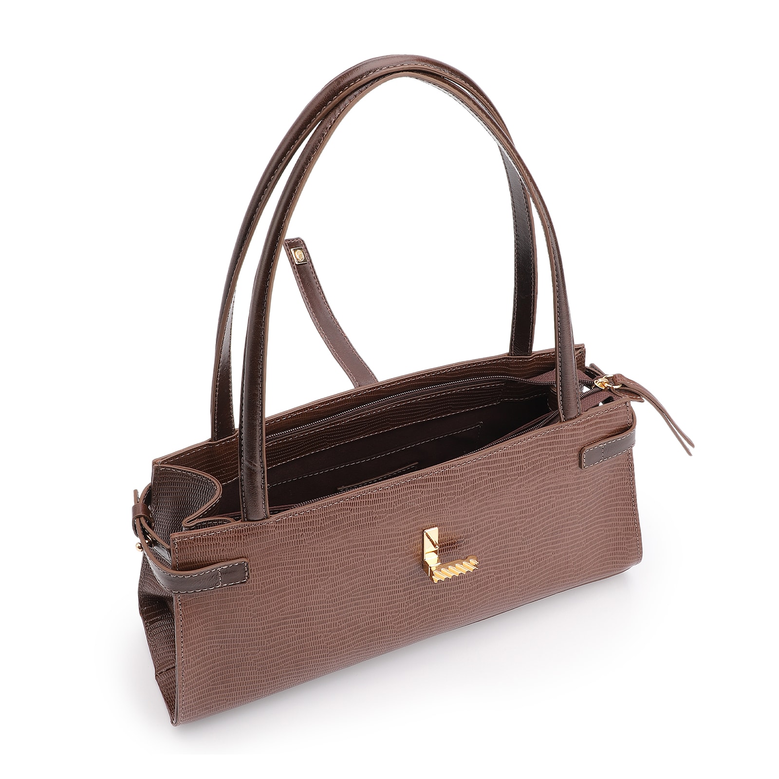 Bolsa De Ombro Couro Lezard Marrom Escuro/Couro Marrom Escuro