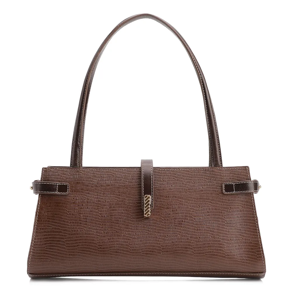 Bolsa De Ombro Couro Lezard  Marrom Escuro/Couro  Marrom Escuro